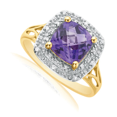 9ct Yellow Gold 0.05 CARAT tw of Diamonds Cushion Cut Amethyst Ring