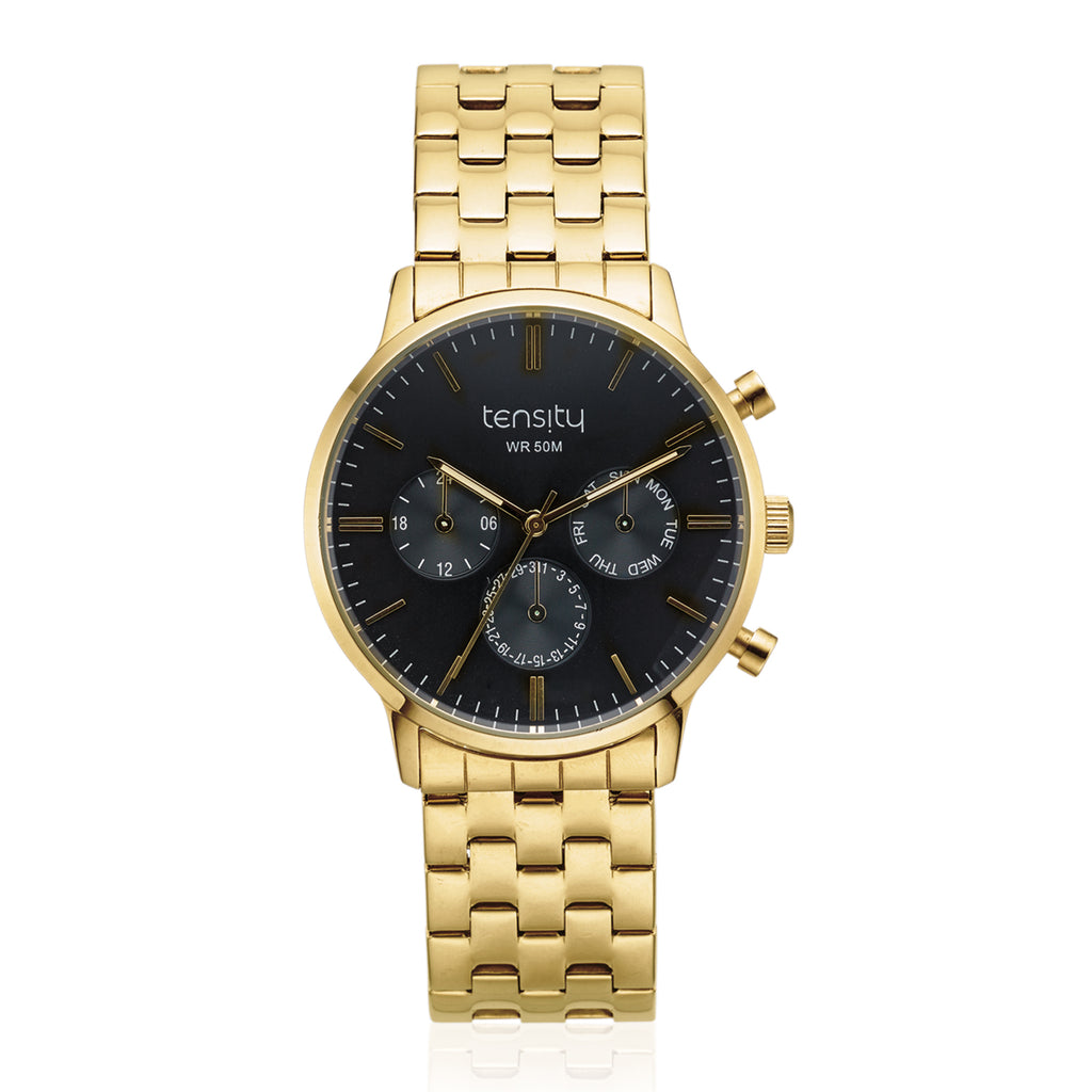 Tensity Gold Plated Black Dial Day Date Watch
