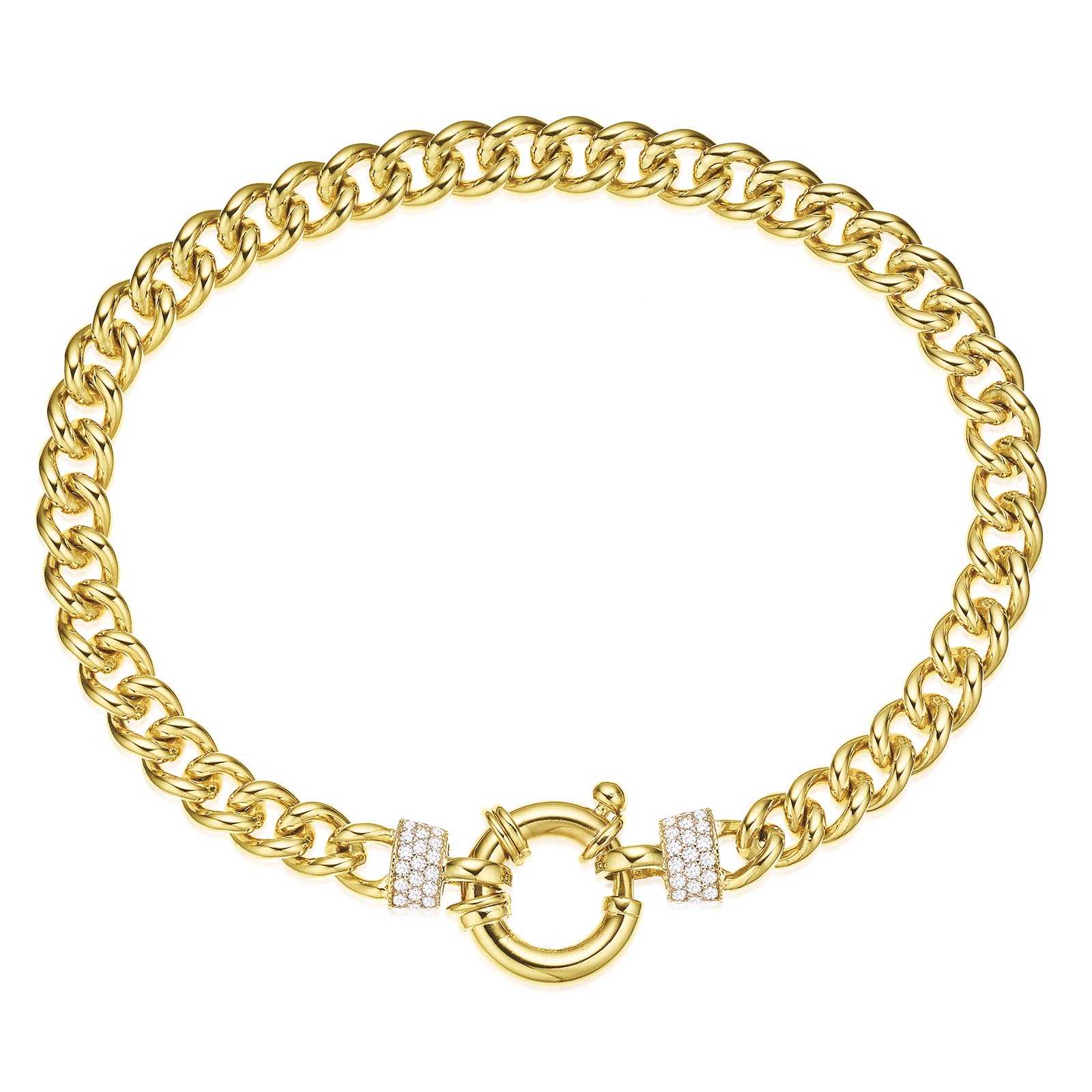 9ct Yellow Gold Silver Filled 19cm Curb Bracelet with Cubic Zirconia & Bolt Ring