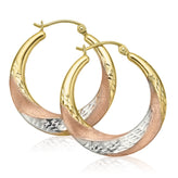 9ct Three Tone Gold Patterned  Hoop Earrings