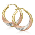 9ct Three Tone Gold Patterned  Hoop Earrings