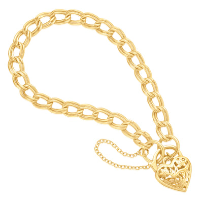 9ct Yellow Gold & Silver-filled 19cm Curb Heart Padlock Bracelet