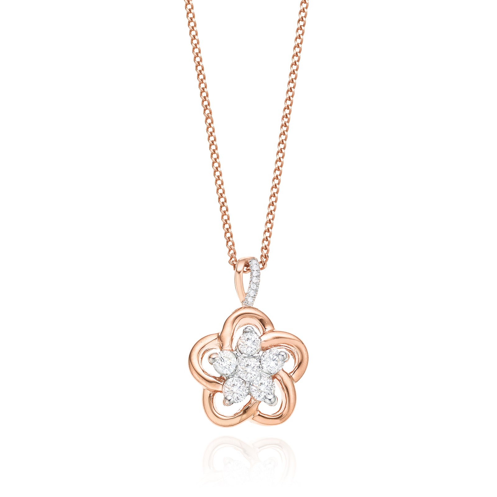 9ct Rose Gold Round Brilliant Cut Flower with 0.10 Carat tw of  Diamond Pendant