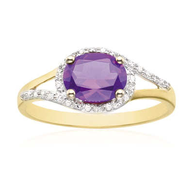 9ct Yellow Gold Oval & Round Brilliant Cut Amethyst & Diamond Set Ring