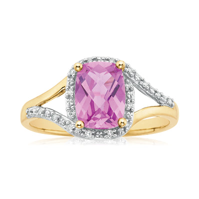 9ct Yellow Gold Round Brilliant Cut Created Pink Sapphire & Diamond Set Ring