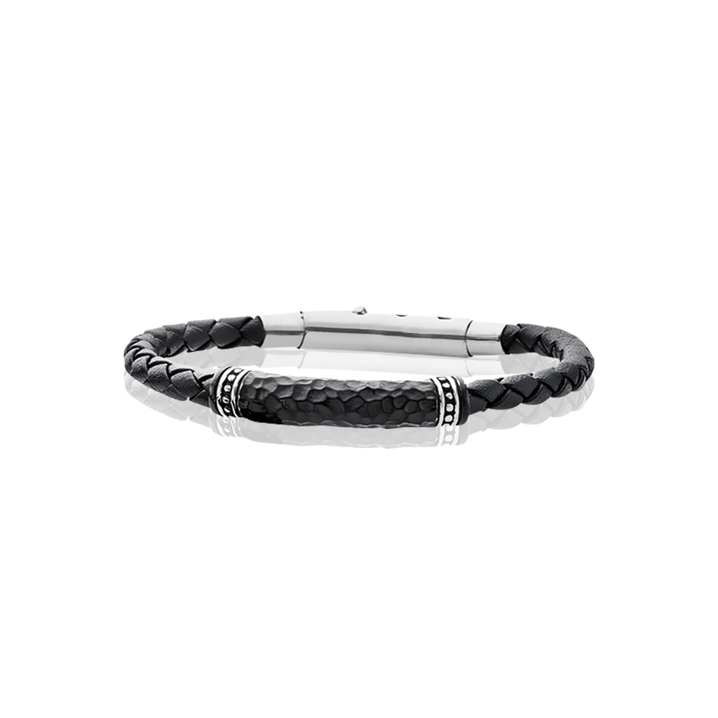 Tensity Stainless Steel and Black Leather 23cm Bracelet