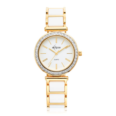 Eclipse Gold Tone White Dial Crystal Bezel Watch