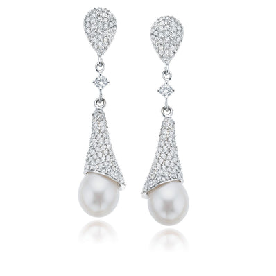 Sterling Silver Freshwater Pearl and Cubic Zirconia Drop Earrings