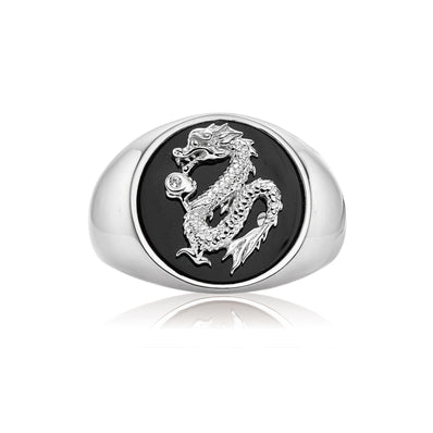 Sterling Silver Cubic Zirconia & Black Onyx Dragon Signet Mens Ring
