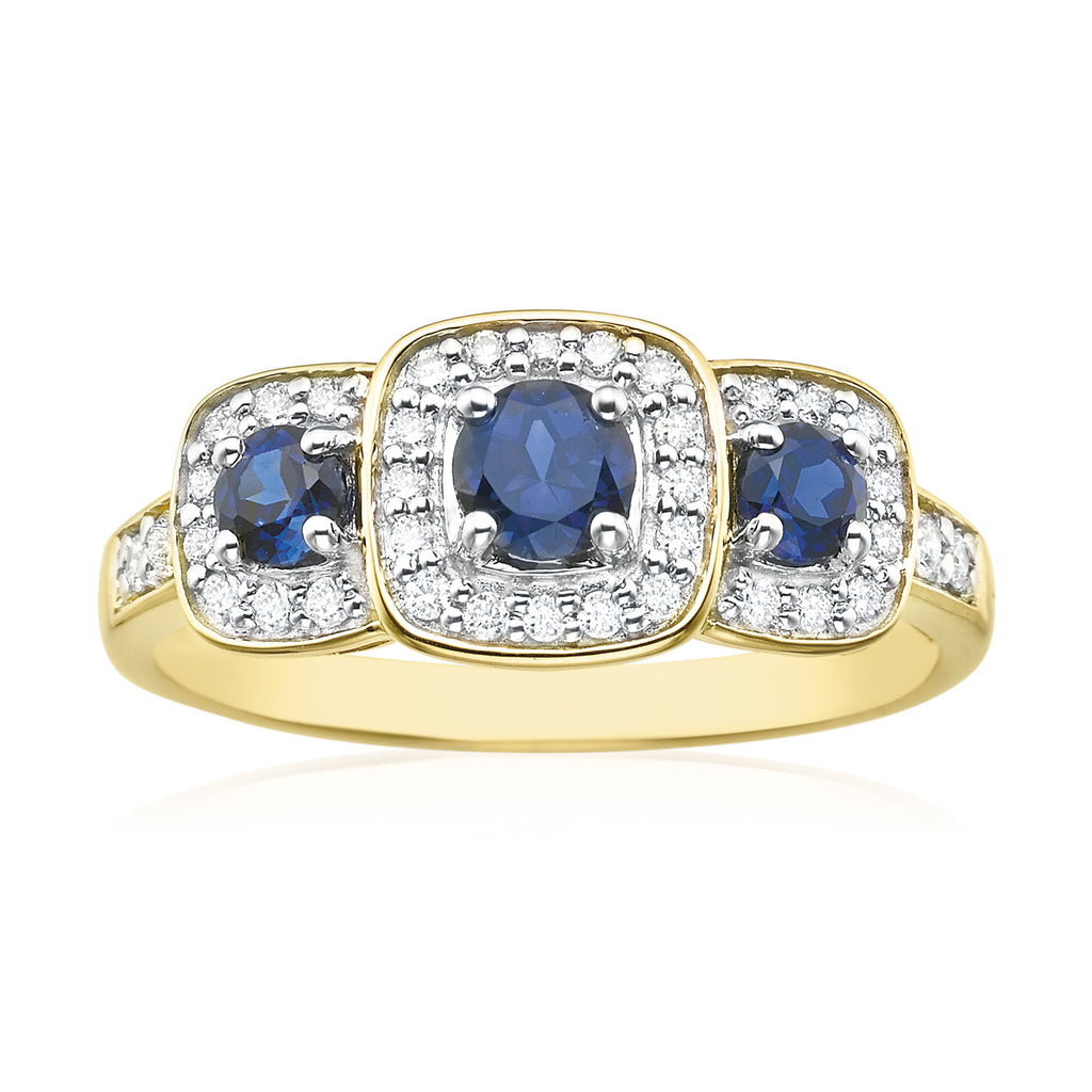 9ct Yellow Gold Round Brilliant Cut Created Sapphire with 0.20 Carat tw of Diamonds Fashion Ring