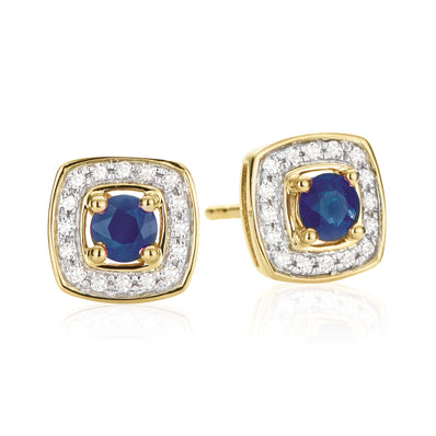9ct Yellow Gold Round Brilliant Cut Created Blue Sapphire with 0.10 CARAT tw of Diamonds  Stud Earrings