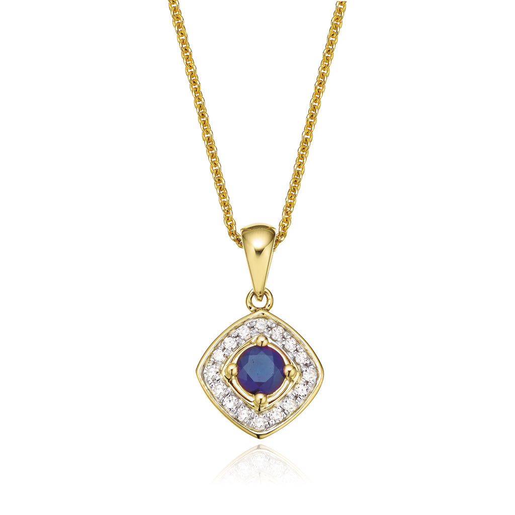 9ct Yellow Gold Round Brilliant Cut Created Blue Sapphire & Diamond Set Pendant