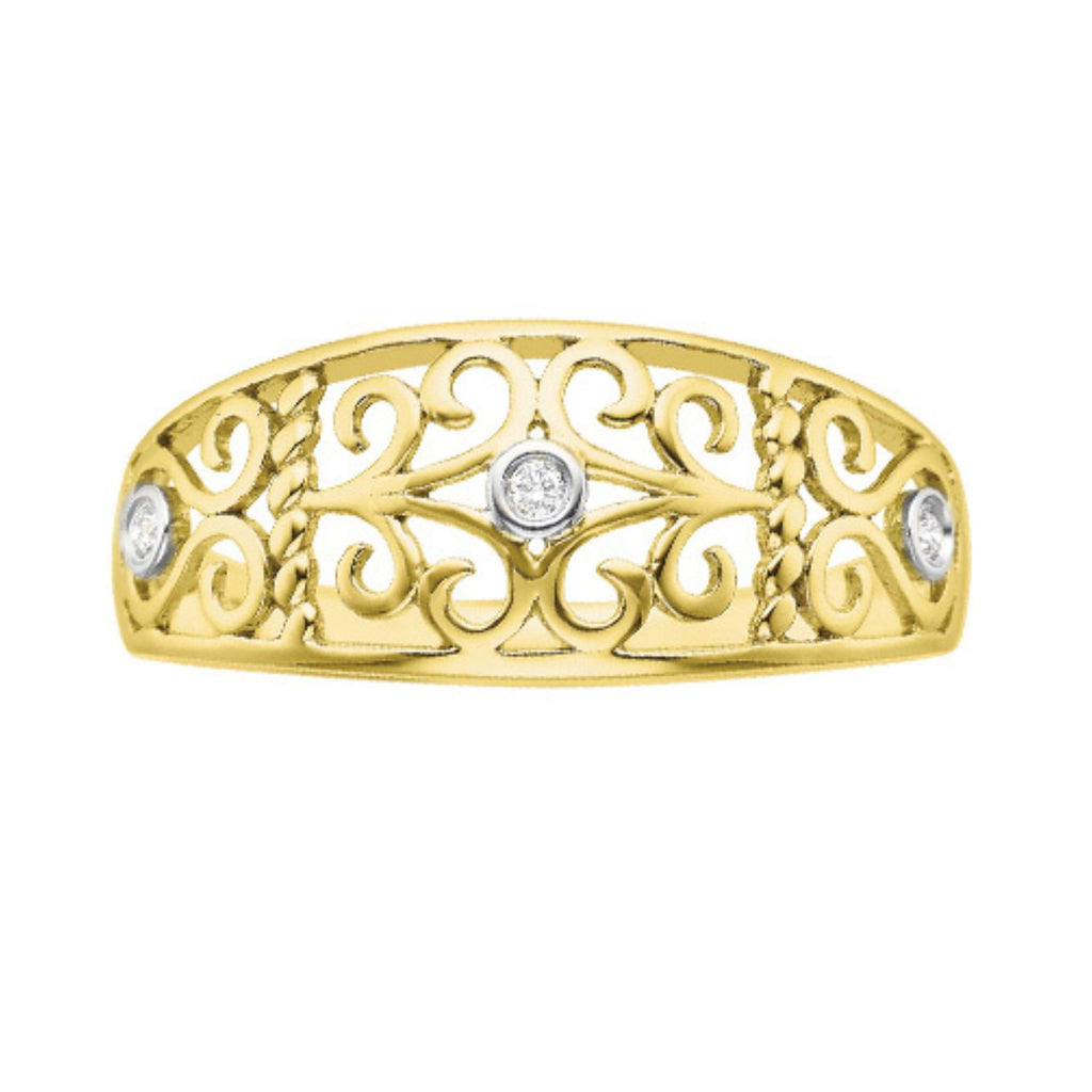 9ct Yellow Gold Round Cut Diamond Set Cut Out Filigree Fashion Ring