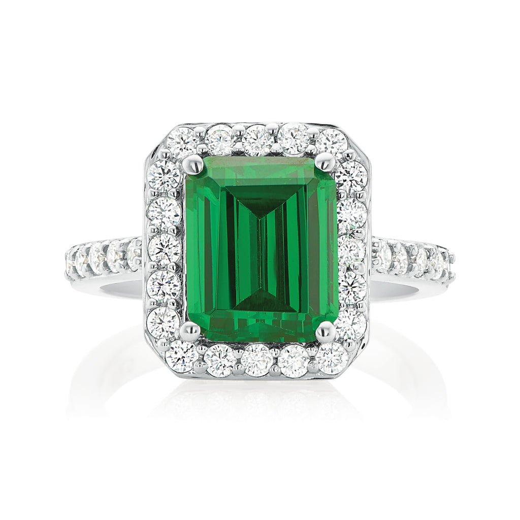 KISS Sterling Silver Emerald & Round Cubic Zirconia Made with Swarovski elements Ring