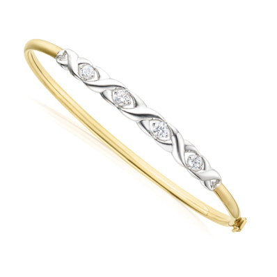 9ct Yellow Gold & Silver-filled Round Cubic Zirconia Hinged Bangle
