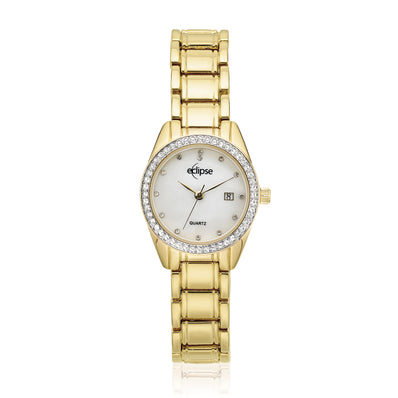 Eclipse Crystal Mother of Pearl Dial Gold Tone Date Quartz Watch