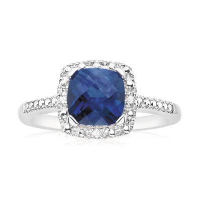 Sterling Silver Round Brilliant Cut Created Blue Sapphire & Diamond Set Ring