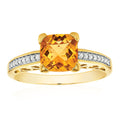 9ct Yellow Gold Cushion & Round Brilliant Cut Citrine with 0.05 CARAT tw of Diamonds Ring