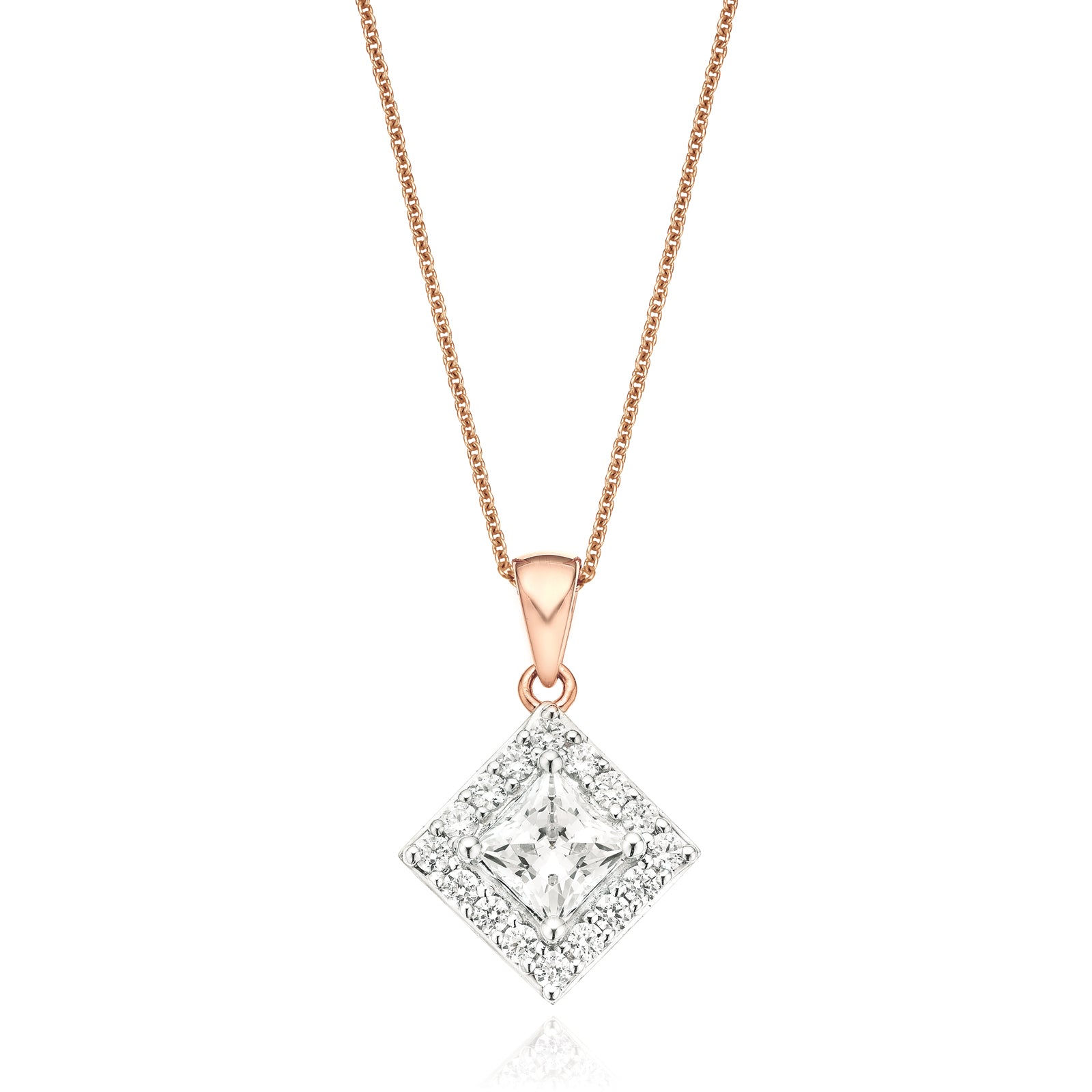 HUSH 9ct Rose Gold Princess & Round Brilliant Cut with 3/4 CARAT tw of Diamond Simulants Pendant