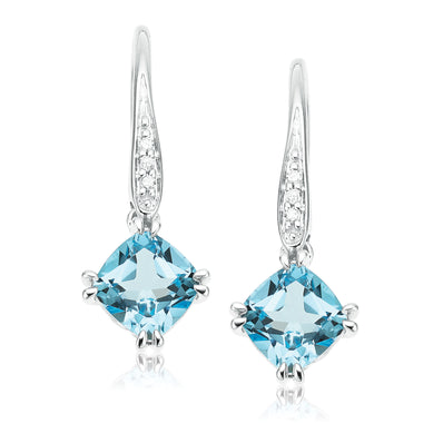 Sterling Silver Cushion & Round Brilliant Cut Blue Topaz & Diamond Set Drop Earrings