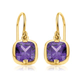9ct Yellow Gold Cushion Cut 6mm Amethyst Drop Earrings