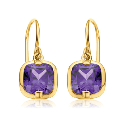 9ct Yellow Gold Cushion Cut 6mm Amethyst Drop Earrings