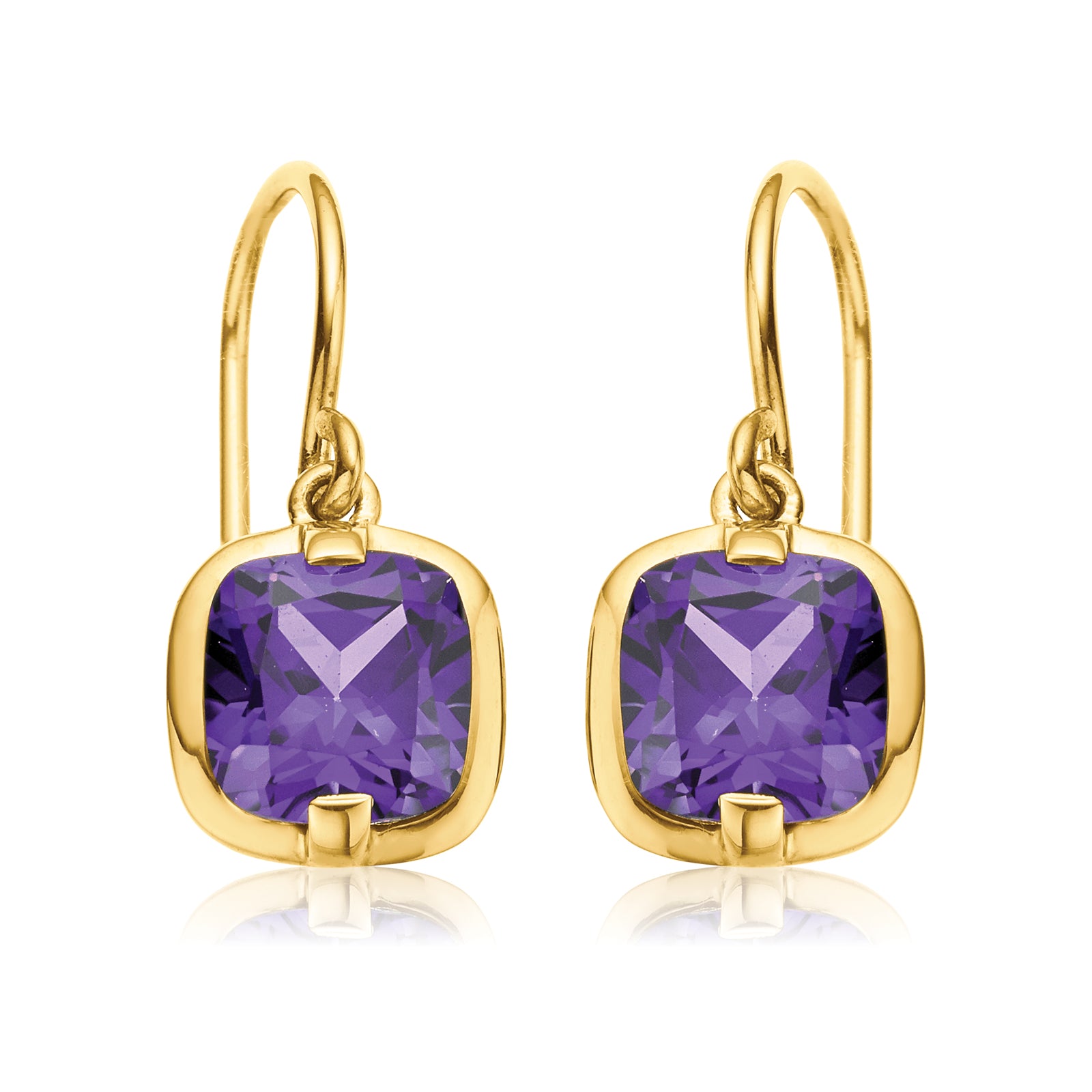 9ct Yellow Gold Cushion Cut 6mm Amethyst Drop Earrings
