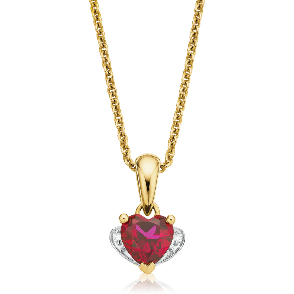 9ct Two Tone Gold Heart & Round Brilliant Cut Created Ruby & Diamond Set Pendant