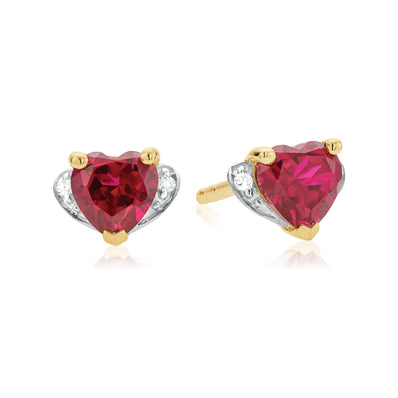 9ct Two Tone Gold Heart & Round Brilliant Cut Created Ruby & Diamond Set Stud Earrings