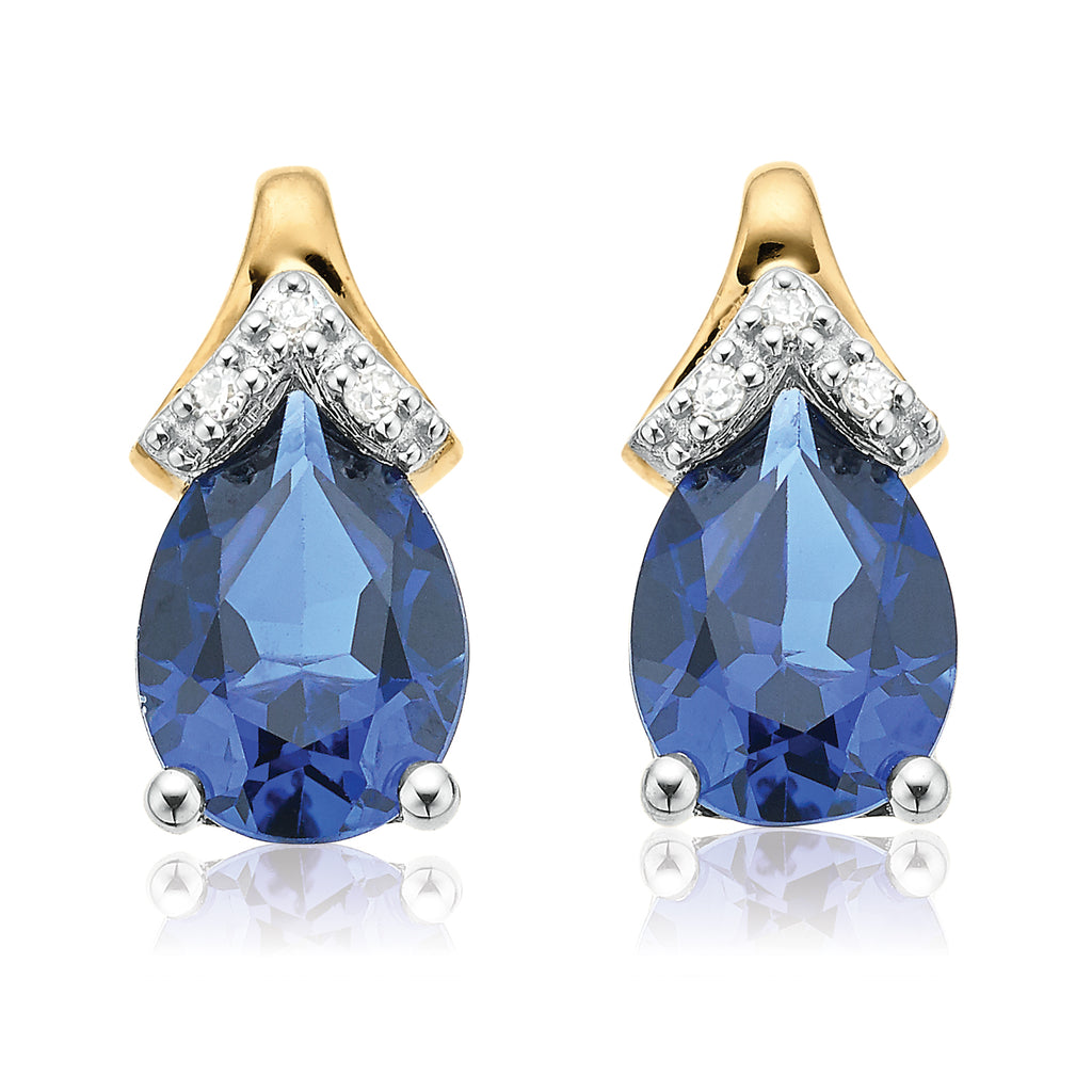9ct Two Tone Gold Pear & Round Brilliant Cut Created Blue Sapphire & Diamond Set  Stud Earrings