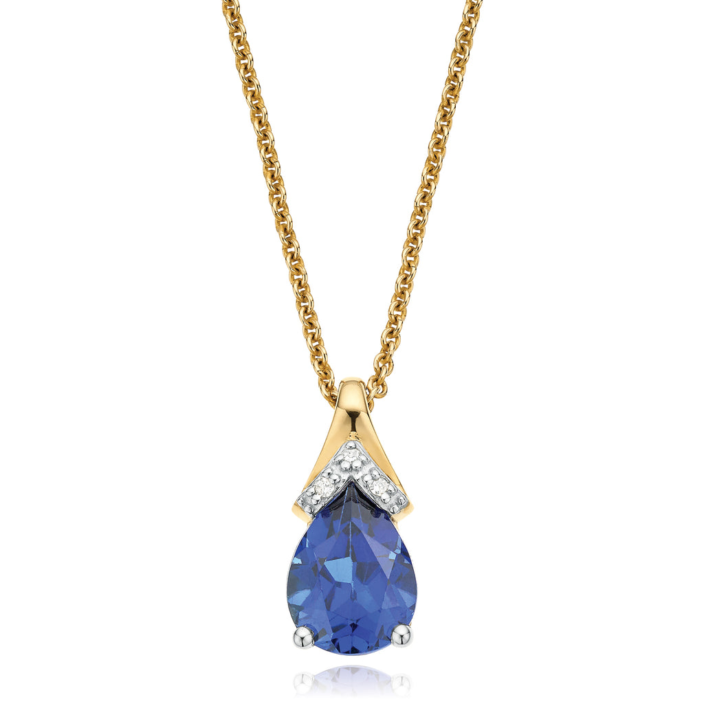 9ct Two Tone Gold Pear & Round Brilliant Cut Created Blue Sapphire & Diamond Set Pendant