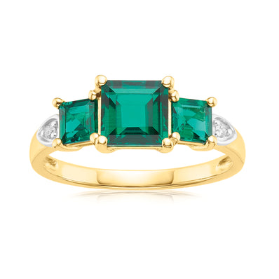 9ct Yellow Gold Square Cut Created Emerald & Diamond Set Ring