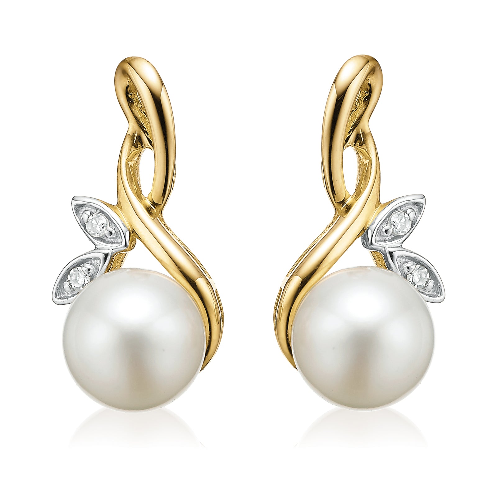 9ct Two Tone Gold 5mm Fresh Water Pearls & Diamond Set Drop Earrings