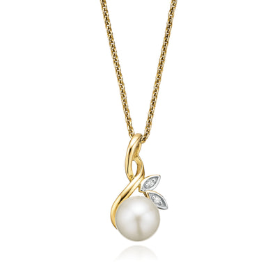 9ct Two Tone Gold 6.5mm Freshwater Pearl & Diamond Set Pendant