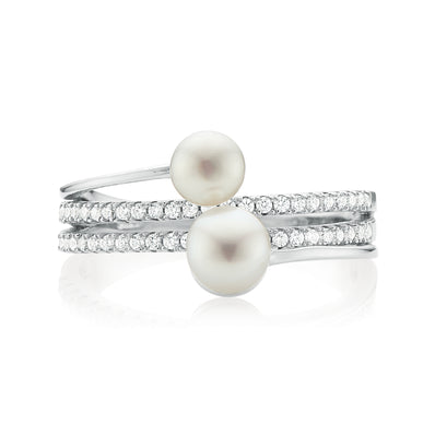 Sterling Silver 4-6mm Freshwater Pearls and Cubic Zirconia Ring