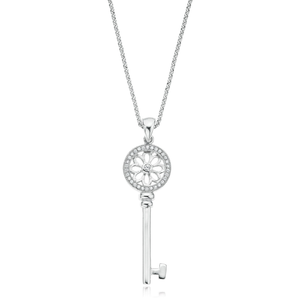 Sterling Silver 45m Cubic Zirconia Key Necklace