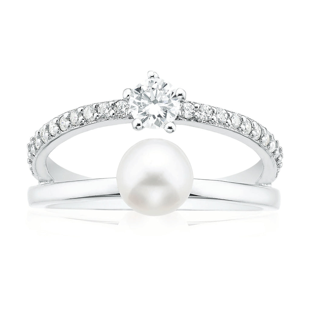 Sterling Silver 6-7mm Fresh Water Pearls and Cubic Zirconia Ring