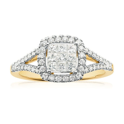 9ct Yellow Gold with Princess Cut 3/4 CARAT tw of Diamonds Engagement Ring