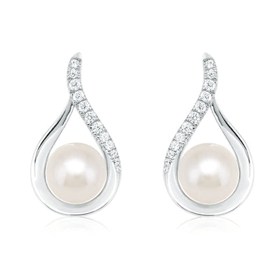 Sterling Silver Freshwater Pearl and Cubic Zirconia Drop Earrings