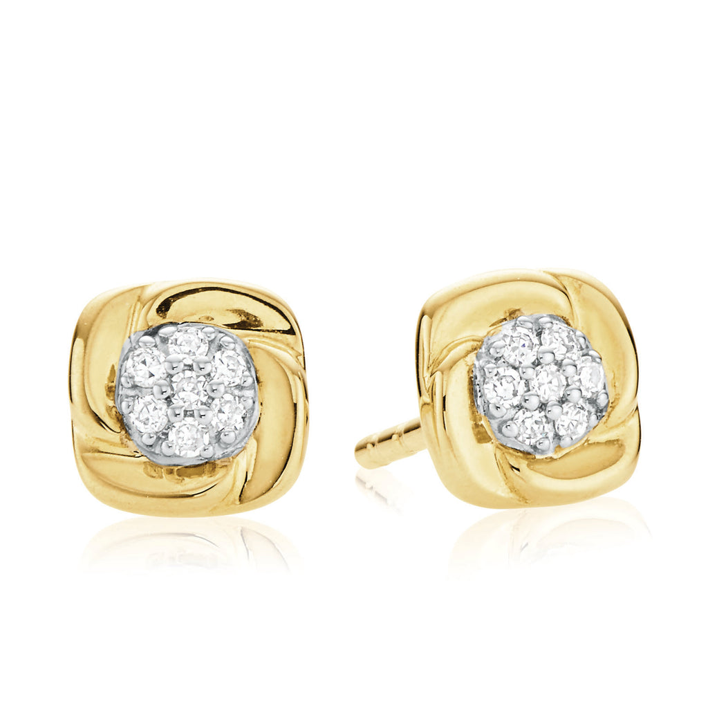9ct Yellow Gold & Diamond Set Square Stud Earrings
