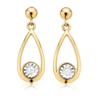 9ct Yellow Gold Round Brilliant Cut & Diamond Set Drop Earrings