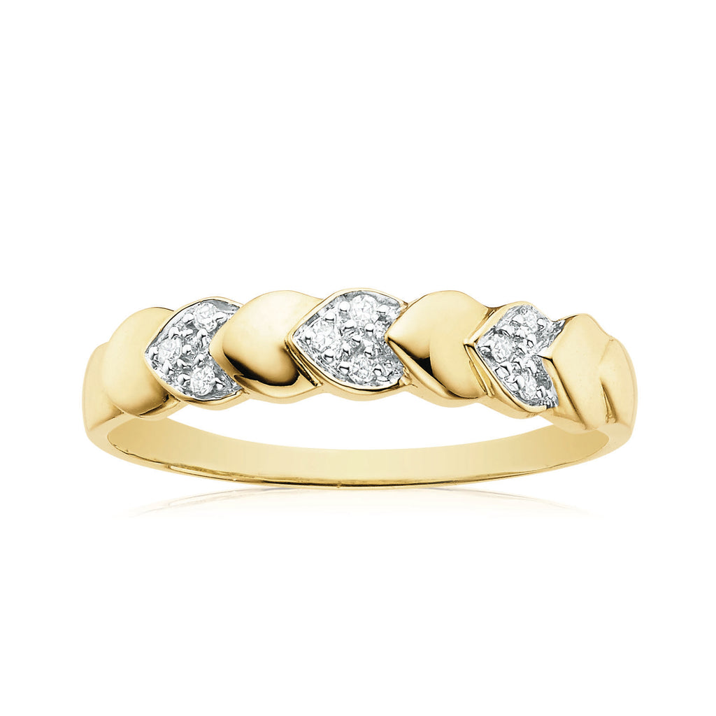 9ct Yellow Gold & Diamond Set Linked Hearts Ring