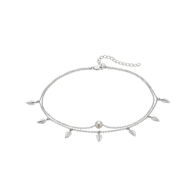 Sterling Silver Round Brilliant Cut Fresh Water Pearl & Leaf Anklet