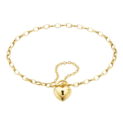 9ct Yellow Gold & Silver-filled 19cm Oval Belcher Heart Padlock Bracelet