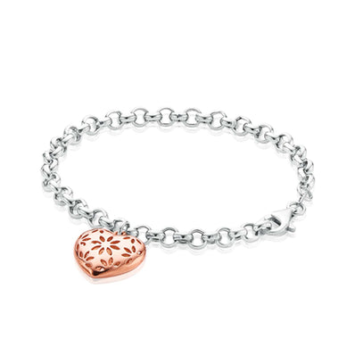 Sterling Silver & Rose Gold Plated 19cm Belcher Bracelet with Heart Charm