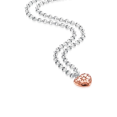 Sterling Silver & Rose Gold Plated 45m Belcher Heart Padlock Necklace