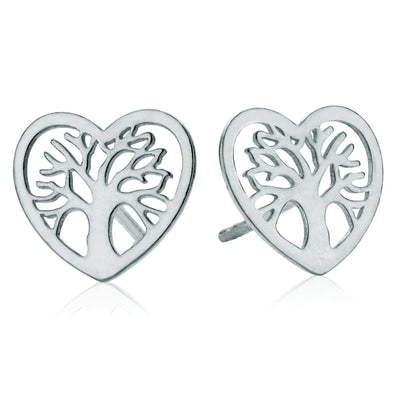 Sterling Silver Tree of Life Heart Stud Earrings