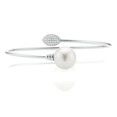 Sterling Silver 12-13mm Fresh Water Pearl and Cubic Zirconia Flexi Bangle