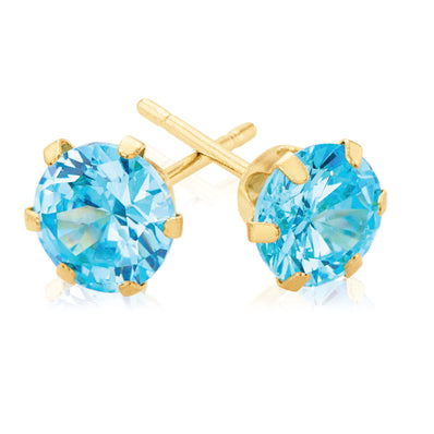 9ct Yellow Gold Blue Cubic Zirconia Claw set  Stud Earrings