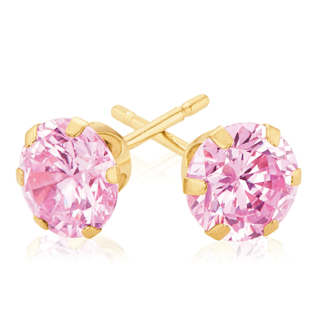 9ct Yellow Gold Pink Cubic Zirconia Claw set  Stud Earrings